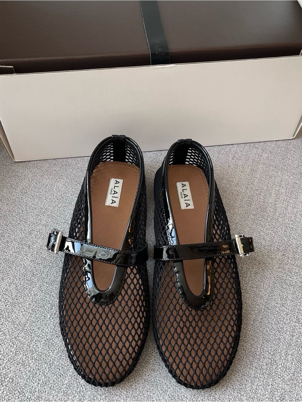 Alaia Black Mesh Patent Mary Jane Flats